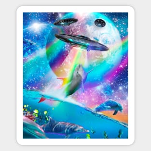 Cute Galaxy Dolphin UFO Abduction, Rainbow Space Sticker